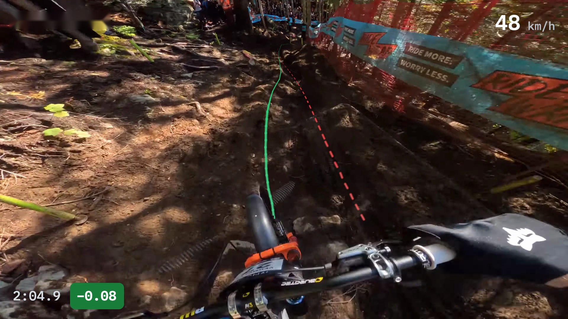 A rider's POV at Whistler with their race line, the other rider's dashed line, the gap and speed